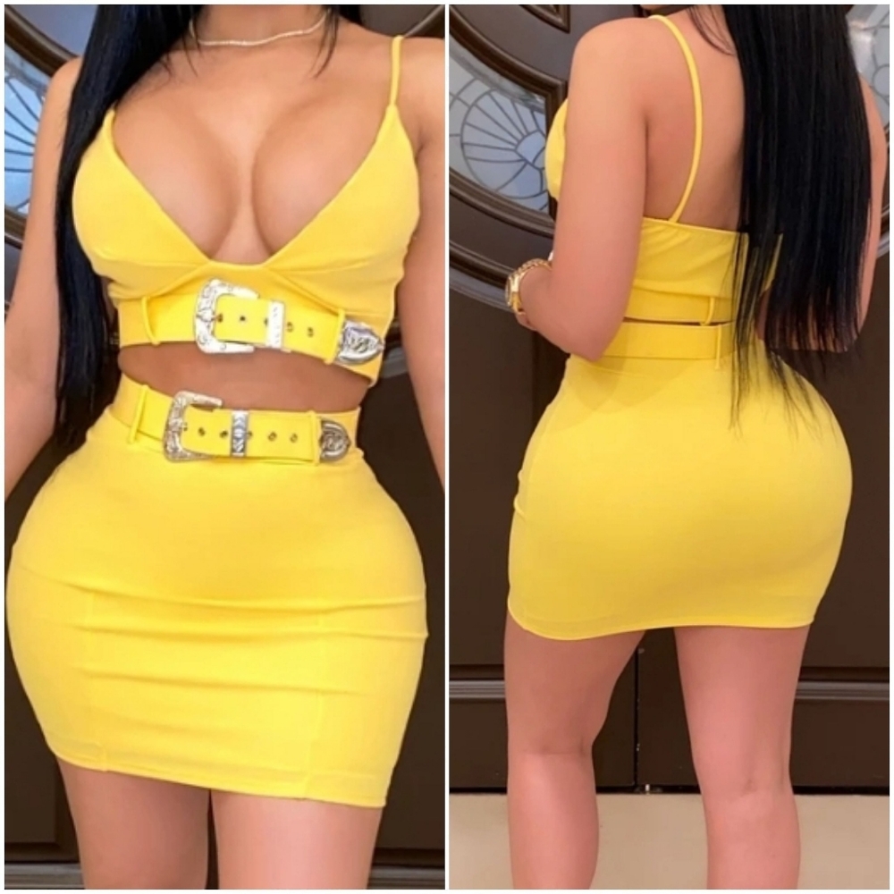 Yellow Belted Mini Skirt Set